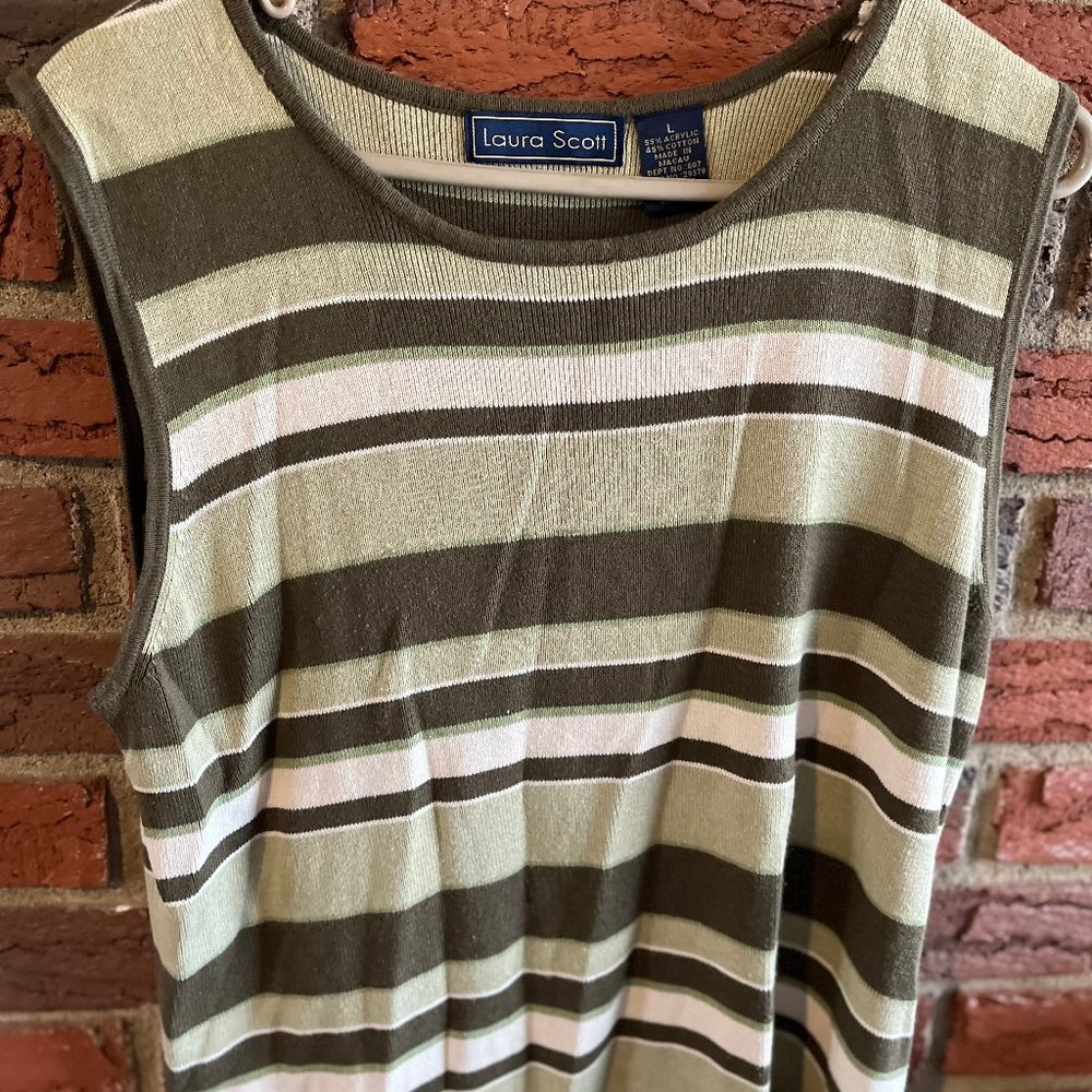 Laura Scott, Sleeveless Green Striped Sweater, Large